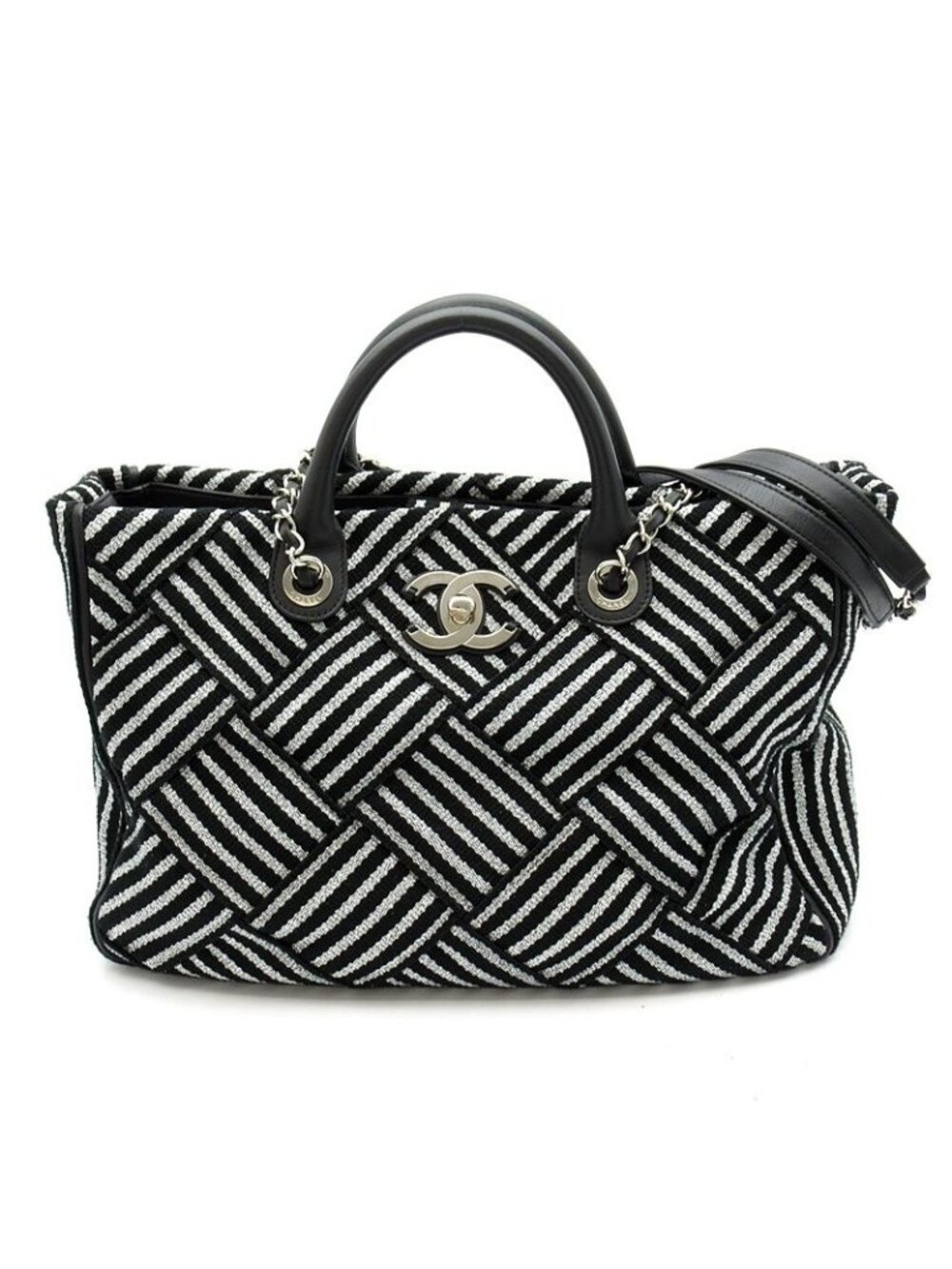 Chanel 2-Way Handbag Canvas Leather Tote Black Silver